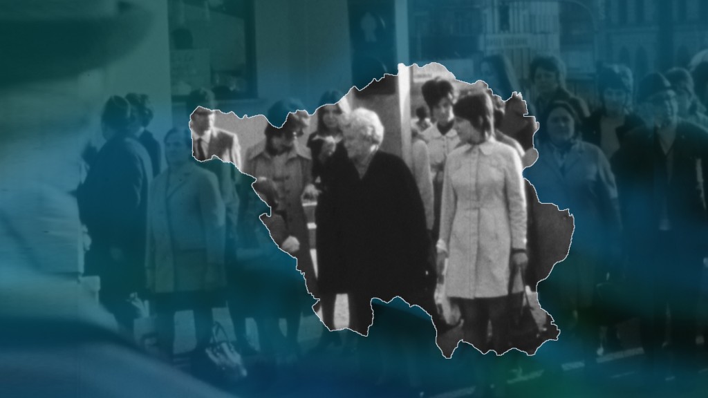Symbolbild: Gebiets- und Verwaltungsreform Saarland 1974. Menschen und der Umriss des Saarlandes