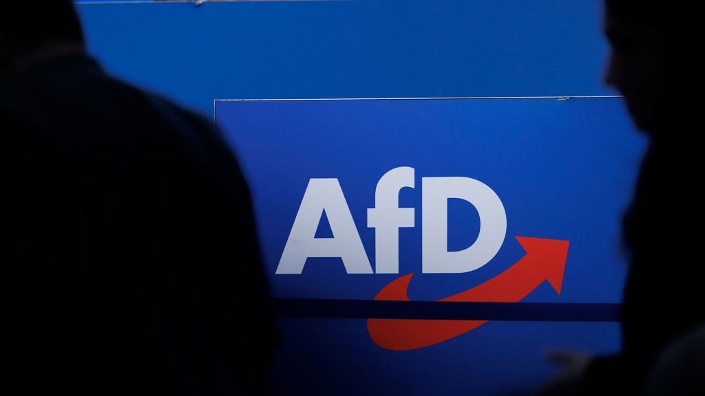 Foto: Personen vor dem Parteilogo der AfD