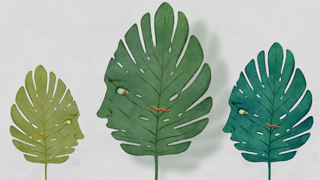 Drei grüne Pflanzen-Blätter mit Gesichtern