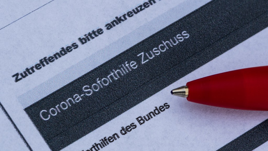 Ein Stift liegt auf einem Antrag für den Corona-Soforthilfe-Zuschuss. 