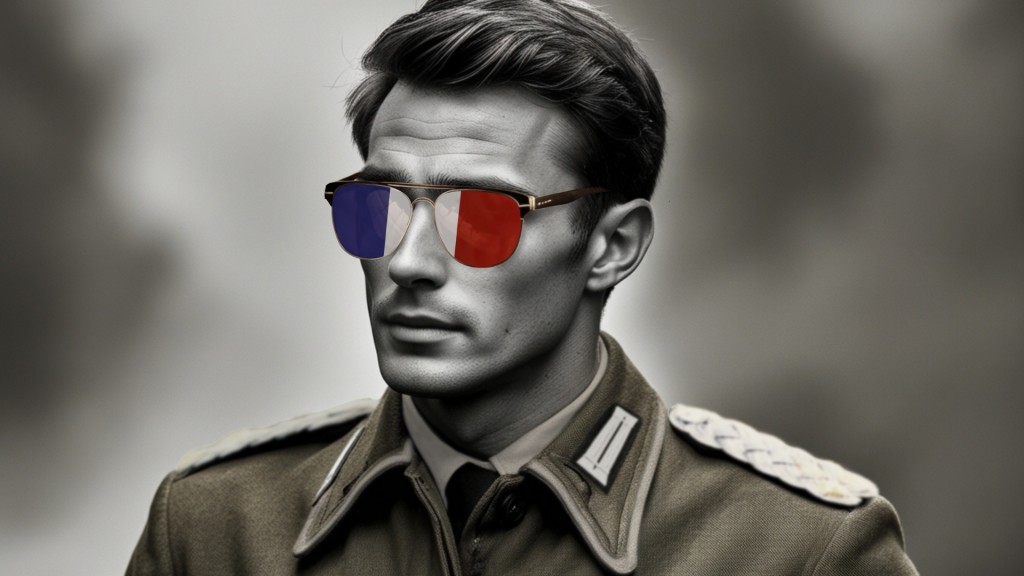 Das Bild oben zeigt einen jungen Soldaten in DDR-Uniform. Er trägt eine Sonnenbrille, in der sich die französische Flagge spiegelt.