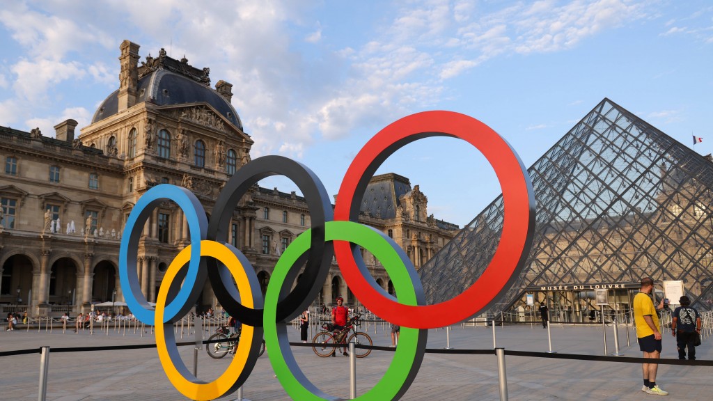 Die Olympischen Ringe vor dem Louvre in Paris