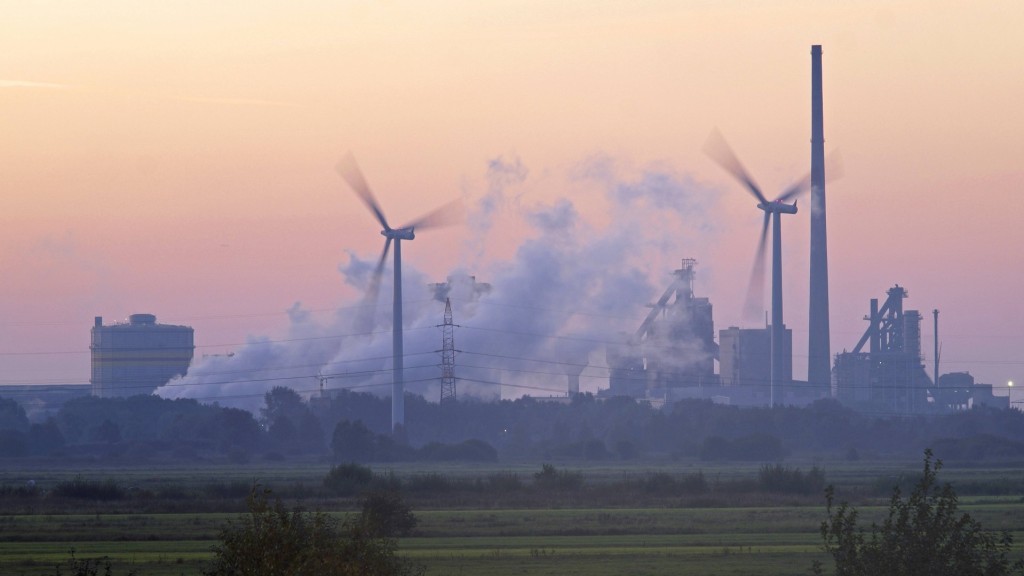 Windräder drehen sich neben einem Stahlwerk im Wind