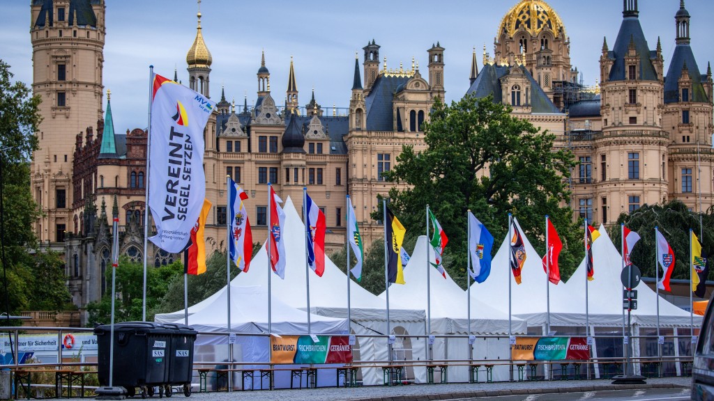 Die Landesfahnen der einzelnen Bundesländer flattern zum Tag der Deutschen Einheit in Schwerin