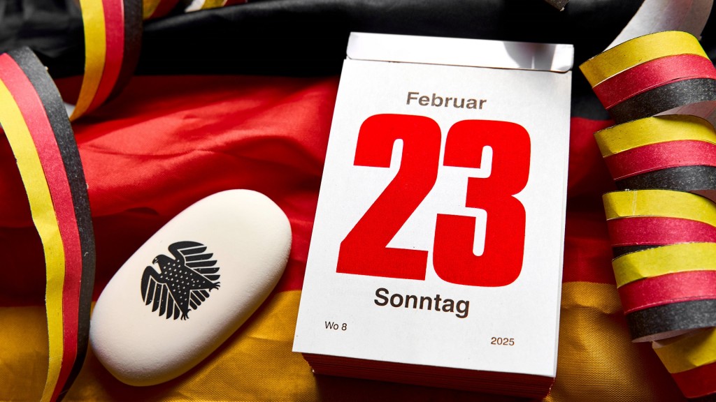 Kalender mit dem Datum der Bundestagswahl 2025 mit Deutschland-Flagge und Luftschlangen