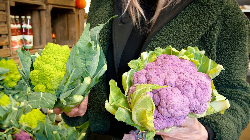 Eine Frau steht mit einem grünen Romanesco und einem rosa Blumenkohl in den Händen einem Hofladen