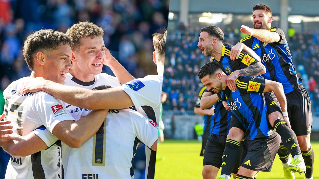 Bildcollage: Spieler von SV Elversberg und FC Saarbrücken jubeln