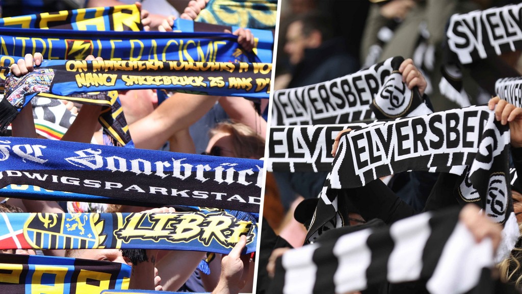 Foto: Bildcollage: Fans des FC Saarbrücken und der SV Elversberg halten im Stadion ihre Schals in die Höhe