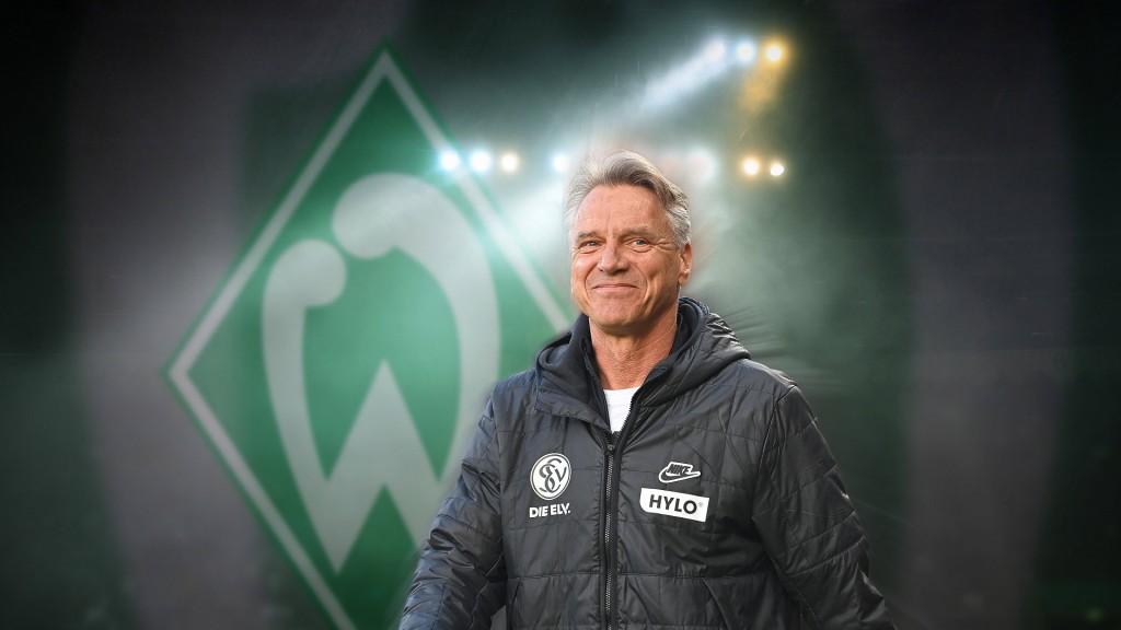 Fotomontage. Horst Steffen mit dem Logo von Werder Bremen im Hintergrund