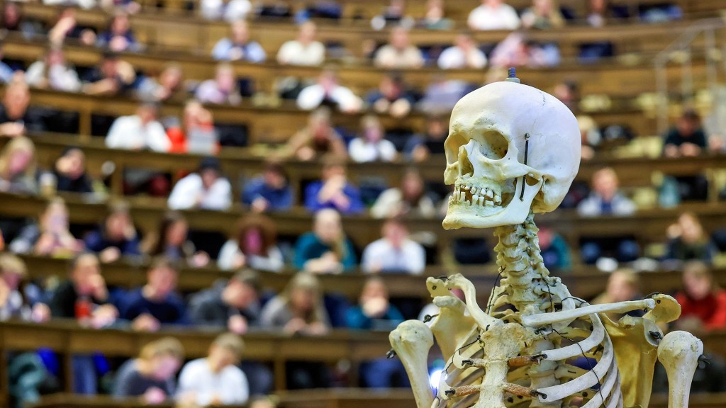Ein Skelett steht im voll besetzten Hörsaal