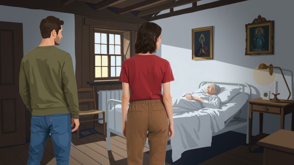 Ein Mann und eine Frau stehen in einem Zimmer eines alten Bauernhauses. Sie schauen auf ein Bett, in dem eine alte Frau mit geschlossenen Augen liegt. An der Wand hängt ein Heiligenbild.